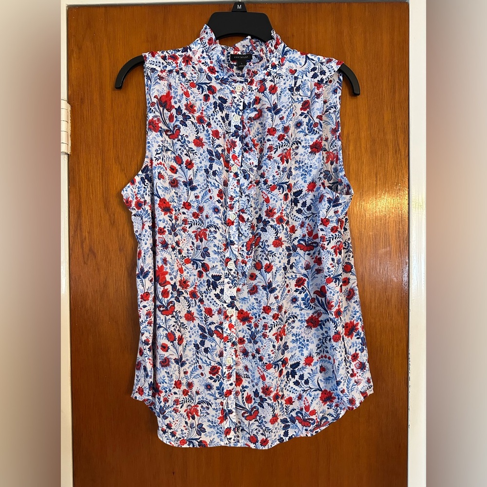 Ann Taylor Red and Blue Floral Sleeveless Blouse